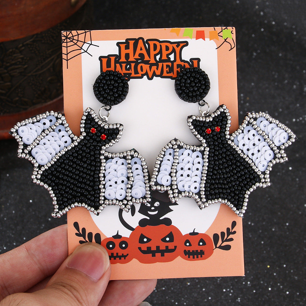 Wholesale Halloween Vintage Witch Hat Black Cat Demon Pumpkin Bat Beaded Earrings